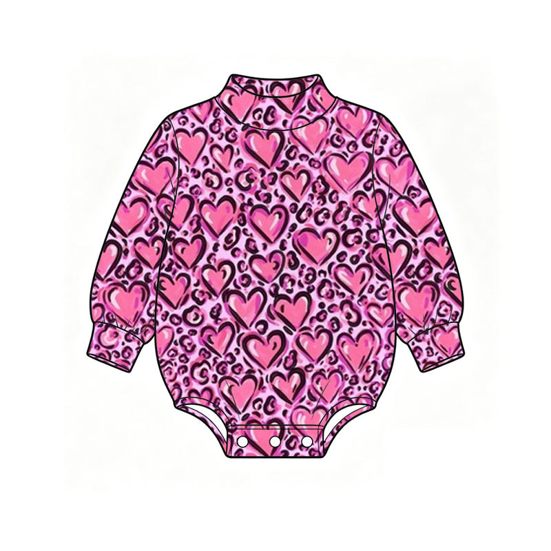 Preorder (moq 5) Baby Girl Clothes Valentine Pink Leopard Heart Mixed Print Long Sleeve Mock Neck Bubble Romper