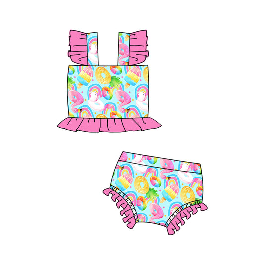 Preorder (moq 5)Baby Girls Unicorn Flamingo Rainbow 2pcs Top Bummie Swimsuits