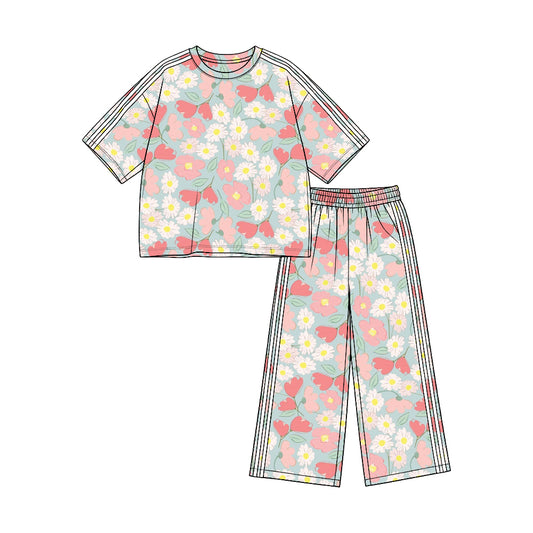 Preorder (moq 5)Baby Girls Colorful Flowers Top Pockets Flare Pant Clothes Set
