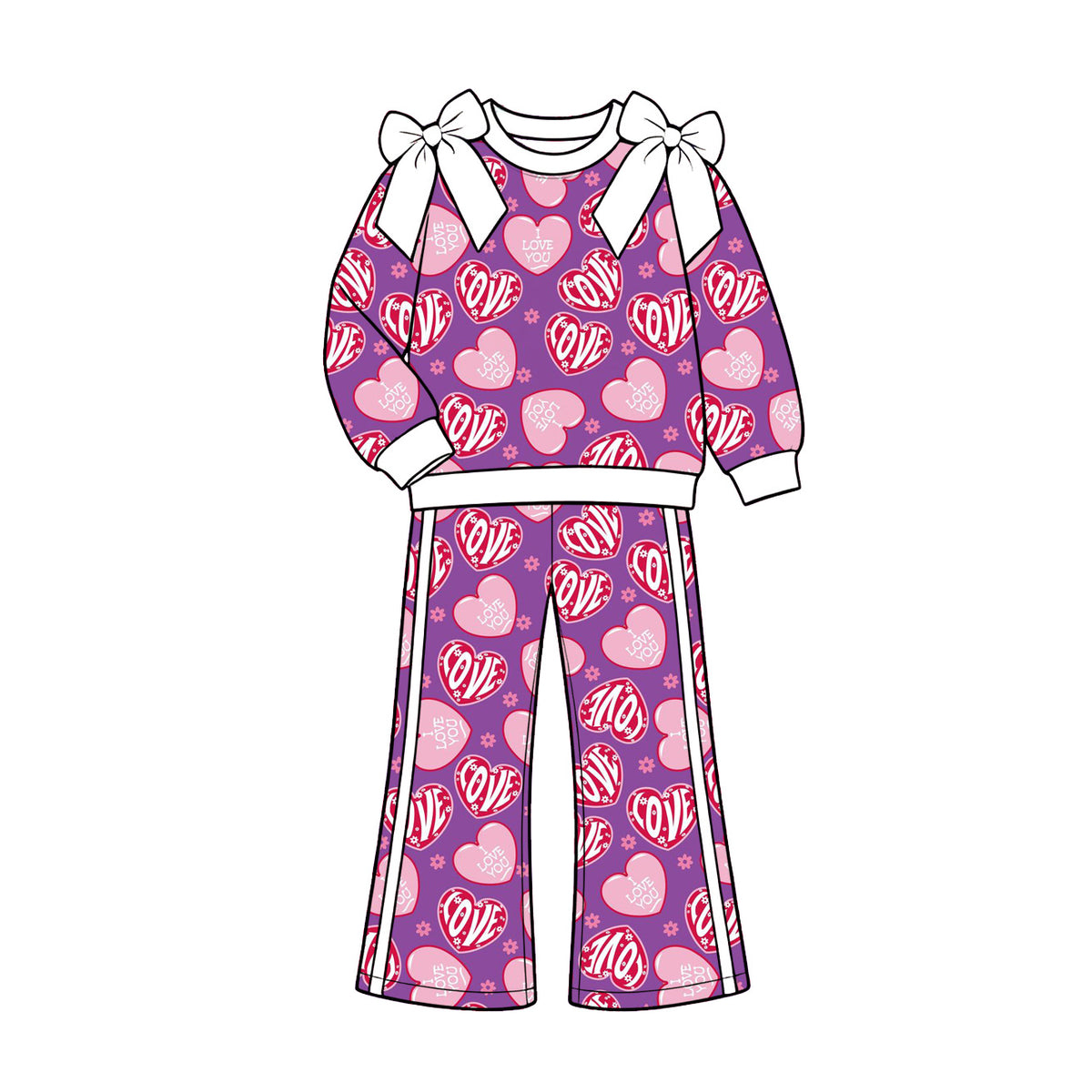 Preorder (moq 5) Girls’ Fall Valentine’s Day Pink Heart Bow Crewneck Long-Sleeve Sweatshirt & Wide-Leg Pants Set