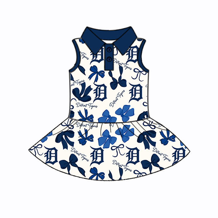 Preorder (moq 5)Baby Girls Navy Sleeveless Bows Plaid DT Button Team Knee Length Dresses
