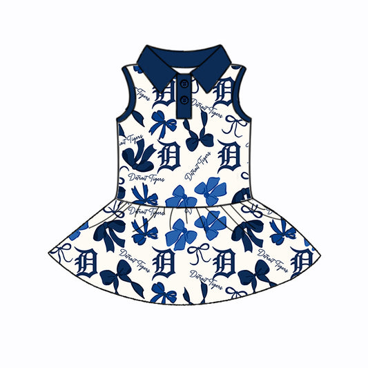 Preorder (moq 5)Baby Girls Navy Sleeveless Bows Plaid DT Button Team Knee Length Dresses