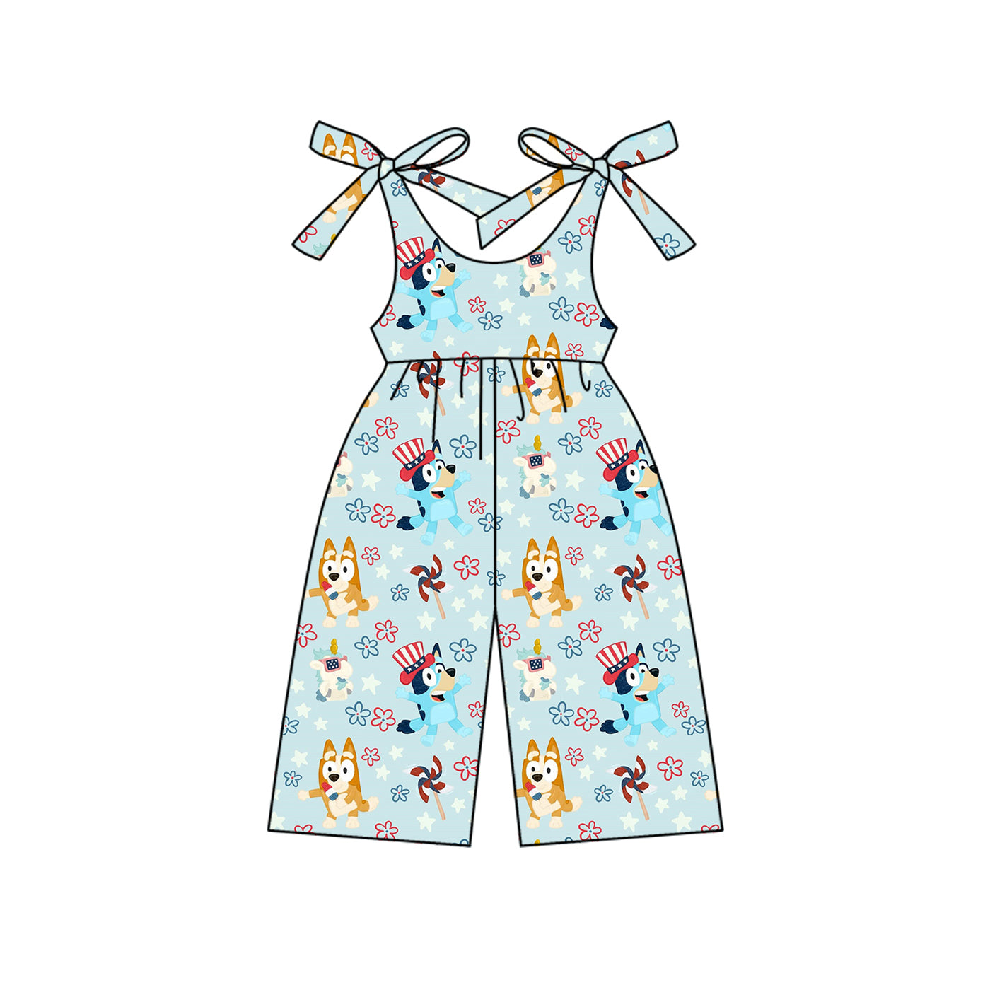 Preorder (moq 5)Baby Girls Blue Strap Cartoon Dogs Flowers 4th Of July Jumpsuits