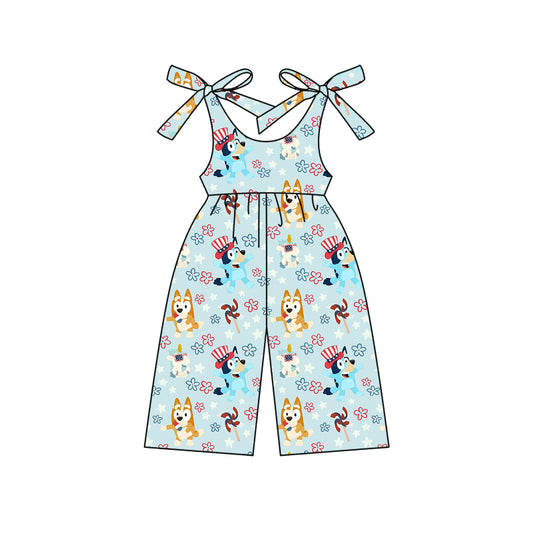 Preorder (moq 5)Baby Girls Blue Strap Cartoon Dogs Flowers 4th Of July Jumpsuits