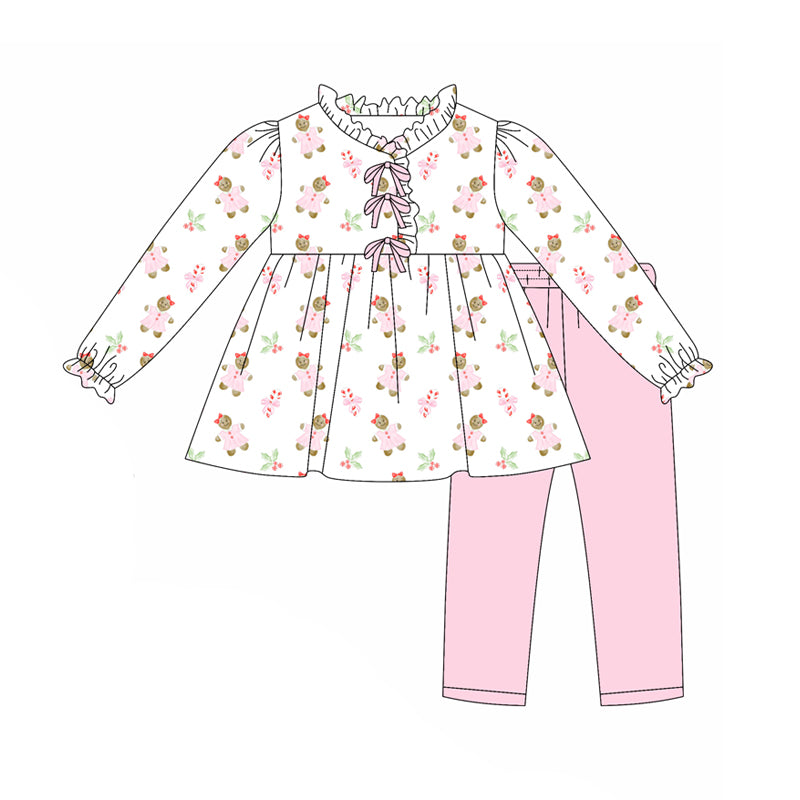 preorder(moq 5) Baby Girls Long Sleeves Pink Gingerbread Holly Tunic Legging Pants Set