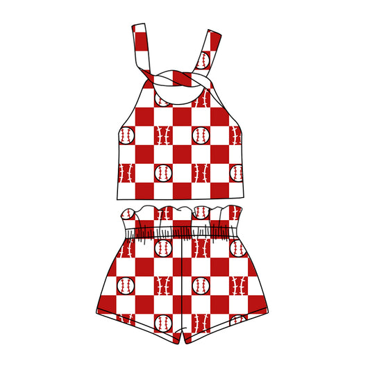 Preorder (moq 5)Baby Girls Baseball Checkered Straps Top Shorts Clothes Sets