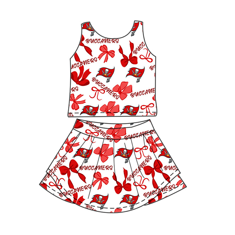 Preorder (moq 5)Baby Girls Red Sleeveless Bows Plaid Buccaners Top Skorts Team Set