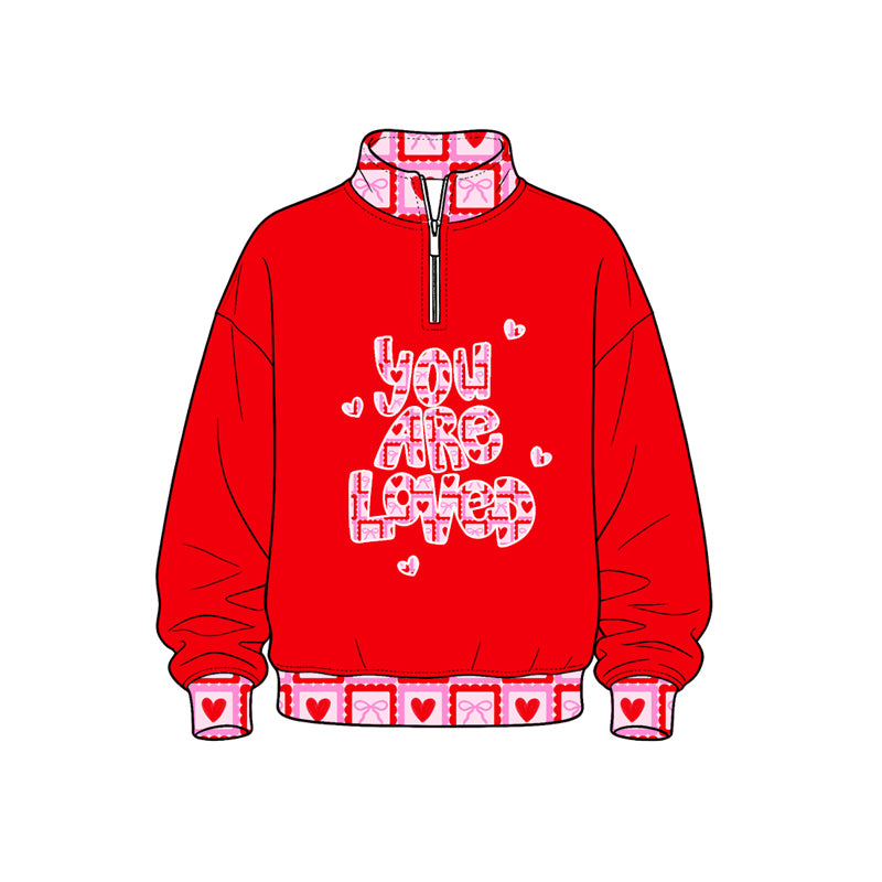 Preorder (moq 5) Kids’ Valentine’s Day Red LOVE Print Long-Sleeve Half-Zip Bow Sweatshirt