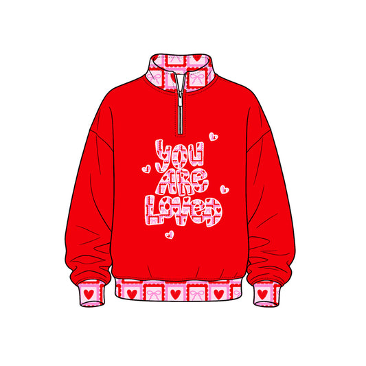 Preorder (moq 5) Kids’ Valentine’s Day Red LOVE Print Long-Sleeve Half-Zip Bow Sweatshirt