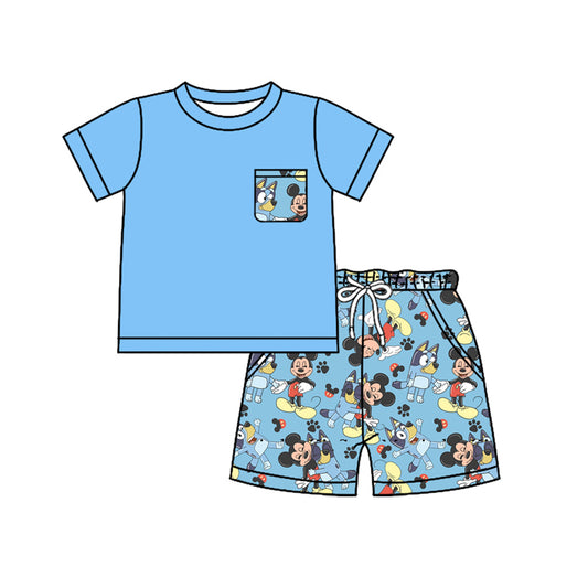 Preorder moq 5 Baby Boys Blue Short Sleeves Pocket Top Cartoon Mouse Dogs Short Set