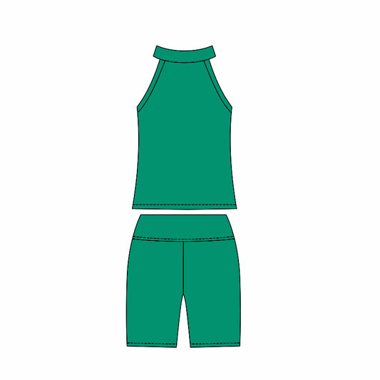 Preorder moq 10 Baby Girls Dark Green Sleeveless Activity Wear Vest Top Biking Shorts Yoga Set