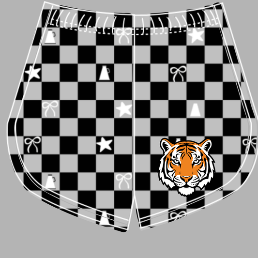 Preorder (moq 5)Baby Girls Grey Black Checked Tigers Cheer Team Shorts Bottoms