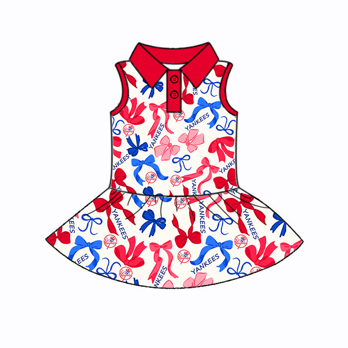 Preorder (moq 5)Baby Girls Sleeveless Red Blue Bows Plaid Yankees Button Team Knee Length Dresses