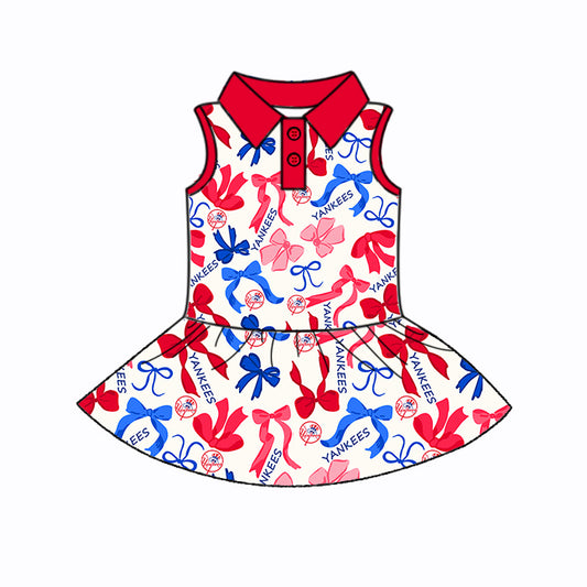 Preorder (moq 5)Baby Girls Sleeveless Red Blue Bows Plaid Yankees Button Team Knee Length Dresses