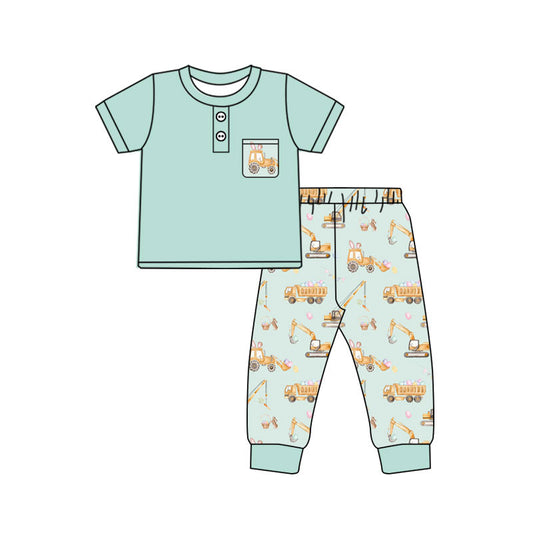 Preorder(moq 8)Baby Boys Button Pocket Top Excavators Eggs Jogger Easter Clothes Sets