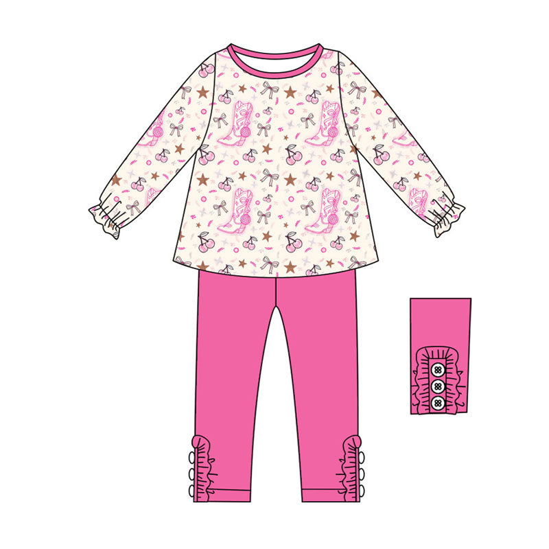 Preorder (moq 5)Baby Girls Pink Boots Cheers Tunic Leggings Pant Clothes Sets