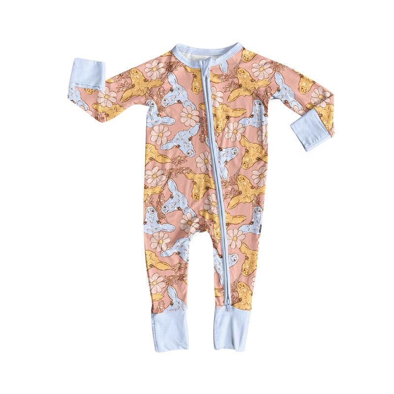 Preorder (moq 5)Baby Girls Long Sleeves Colorful Cows Flowers Plaid Zipper Romper
