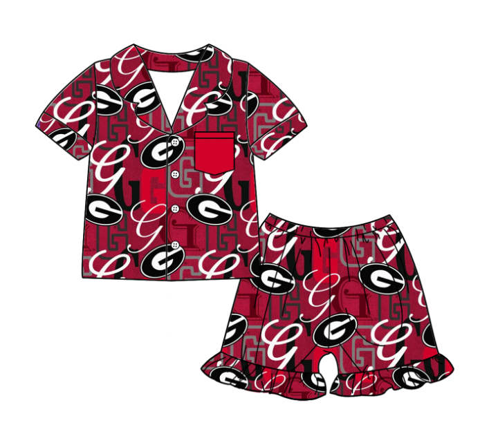 Preorder (moq 5)Baby Girls Short Sleeves G Button Pocket Top Ruffle Shorts Team Pajamas Set