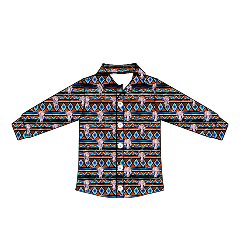 Preorder moq 10 Baby Boys Navy Long Sleeves Western Aztec Bull Skull Button Shirts Top
