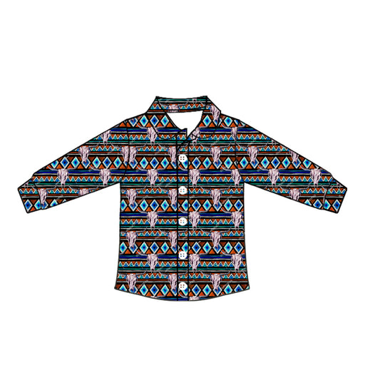 Preorder moq 10 Baby Boys Navy Long Sleeves Western Aztec Bull Skull Button Shirts Top
