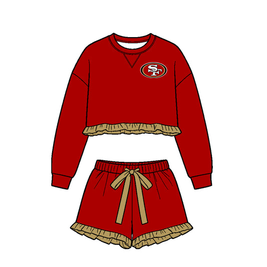 Preorder (moq 5)Baby Girls Red Long Sleeve 49ERS Top Ruffle Short Team Clothes Set