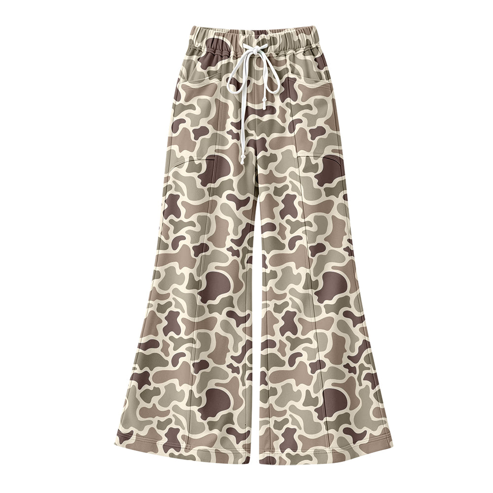Preorder (moq 5) Baby Girl Clothes Muted Earth Tone Cow Camo Print No Sleeve Flare Bell Bottom Pant