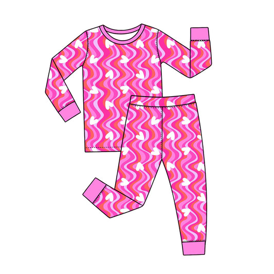 Preorder (moq 5) Baby Girl Clothes Pink Wavy Stripe White Heart Mixed Print Long Sleeve Top Pant Pajama Set