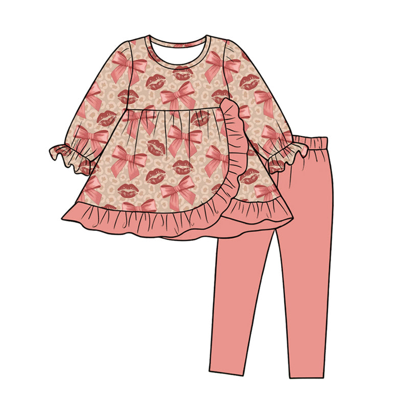 Preorder (moq 5)Baby Girls Pink Leopard Bows Mouths Tunic Leggings Pant Clothes Set