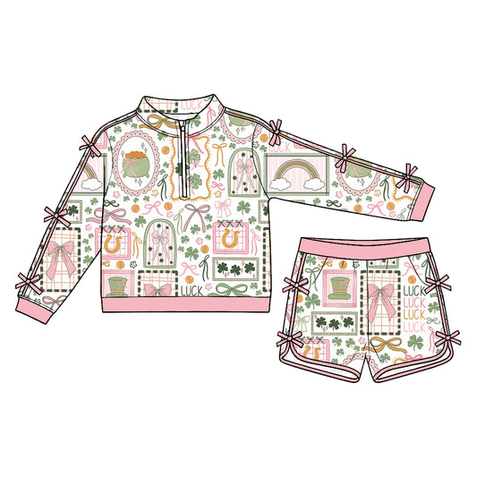 Preorder (moq5) Baby Girls Clovers Bows Flowers Zip Pullover Pockets Short St Patrick Set
