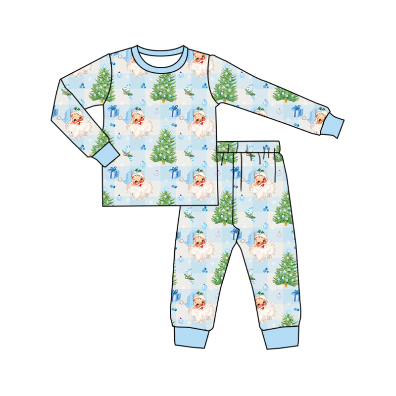 Preorder (moq 5)Baby Boys Long Sleeves Santa Trees Plaid Top Pant Pajamas Set