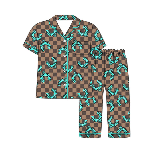 Preorder moq 5 Adult Short Sleeve Khaki Checked Turquoises Button Pockets Top Pants Western Pajamas Sets