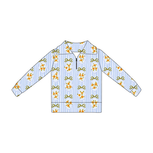Preorder (moq 5)Baby Girls Long Sleeve Blue Stripe Bows Flowers Zip Pullovers Top
