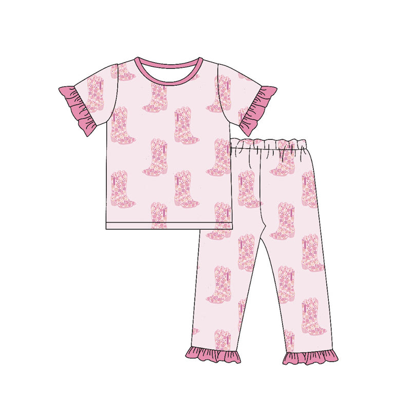 Preorder (moq 5)Baby Girls Flower Boots Top Ruffle Pants Western Pajamas Sets