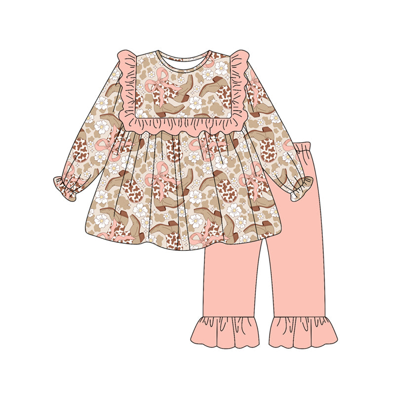 Preorder (moq 5)Baby Girls Pink Long Sleeves Camo Bows Boots Tunic Ruffle Pant Set