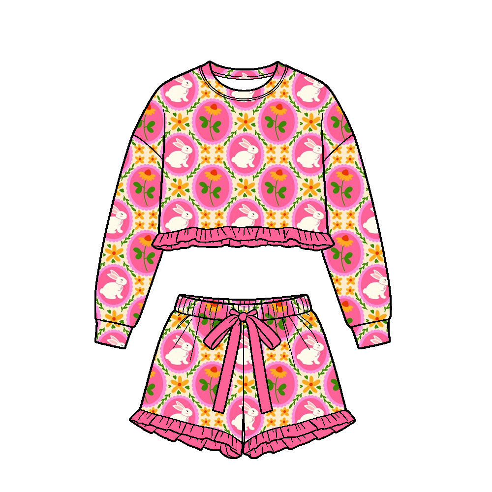 Preorder (moq 5) Baby Girl Clothes Easter Bunny Sunflower Print Long Sleeve Ruffle Crop Top Shorts Outfit Set