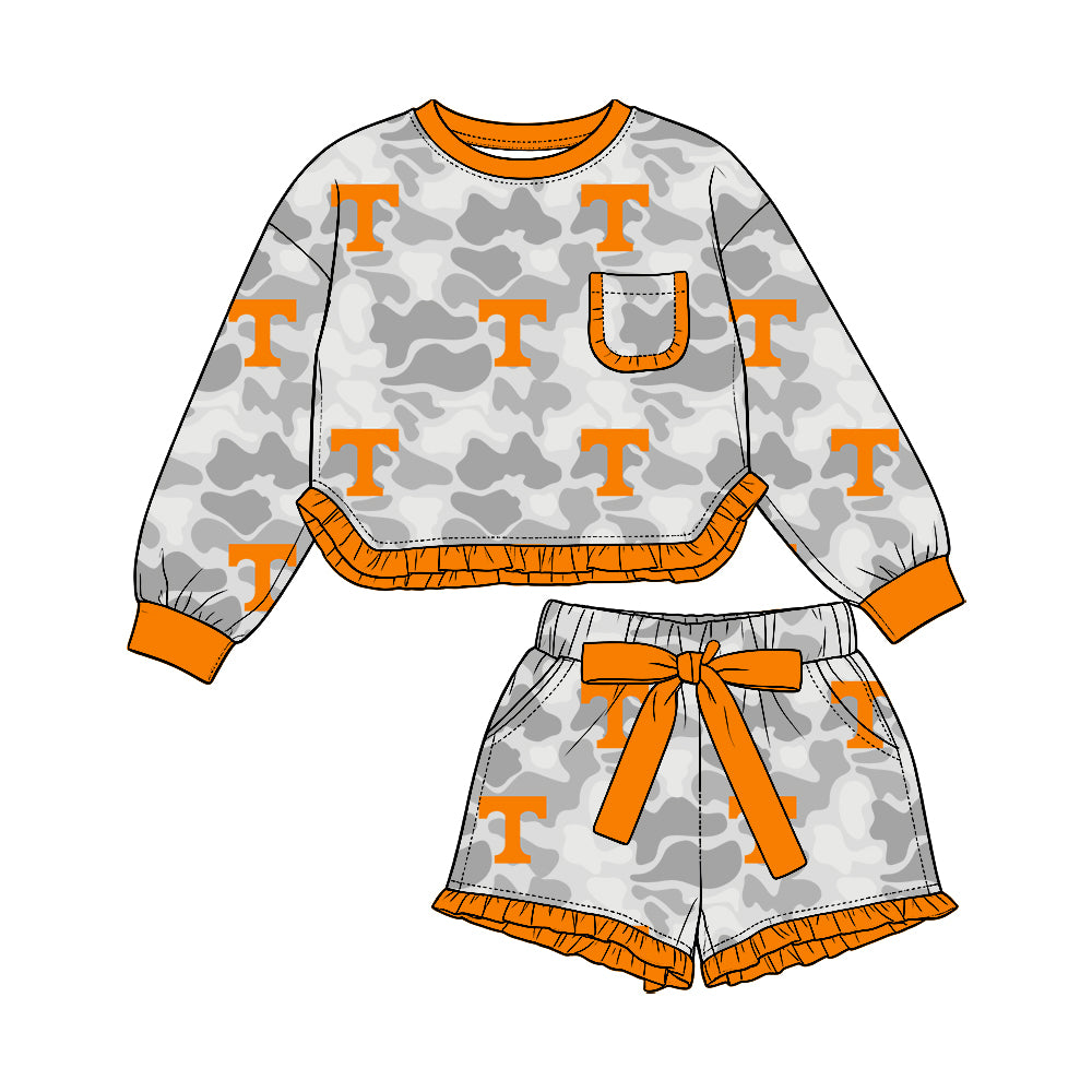 Preorder (moq 5) Baby Girl Clothes Camo Letter T Mixed Print Long Sleeve Ruffle Top Short Ruffle Pant Set
