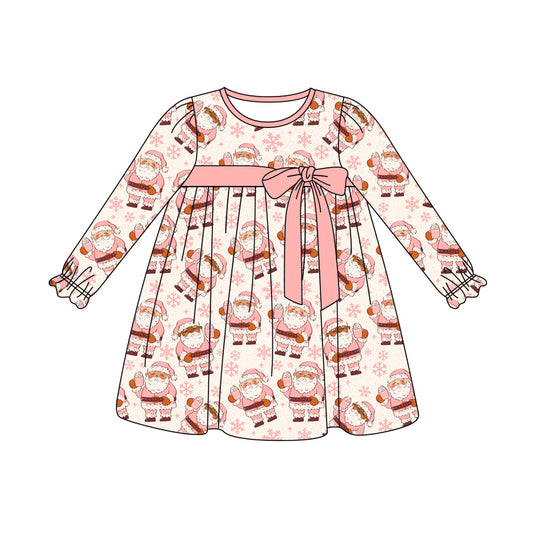 Preorder (moq 5)Baby Girls Long Ruffle Sleeves Pink Santa Snowflake Knee Length Dresses