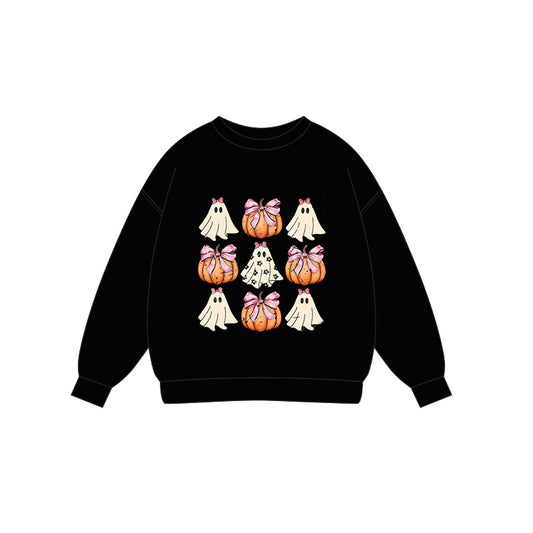 Preorder (moq 5)Baby Girls Black Long Sleeves Pumpkins Bows Ghosts Tee Shirts Top