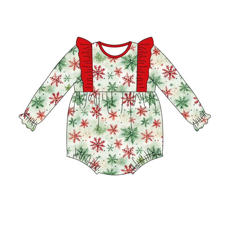 Preorder(moq 5)Baby Girls Green Red Snowflake Plaid Ruffle Rompers