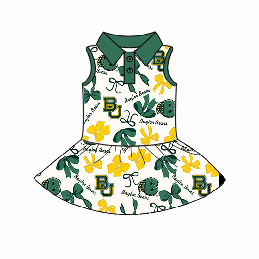 Preorder (moq 5)Baby Girls Green Sleeveless Bows Plaid BU Button Team Knee Length Dresses