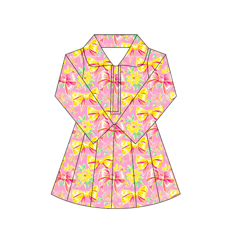 Preorder moq 10 Baby Girls Peach Bows Floral Long Sleeves Zipper Activity Wear Yoga Knee Length Dresses