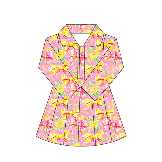 Preorder moq 10 Baby Girls Peach Bows Floral Long Sleeves Zipper Activity Wear Yoga Knee Length Dresses