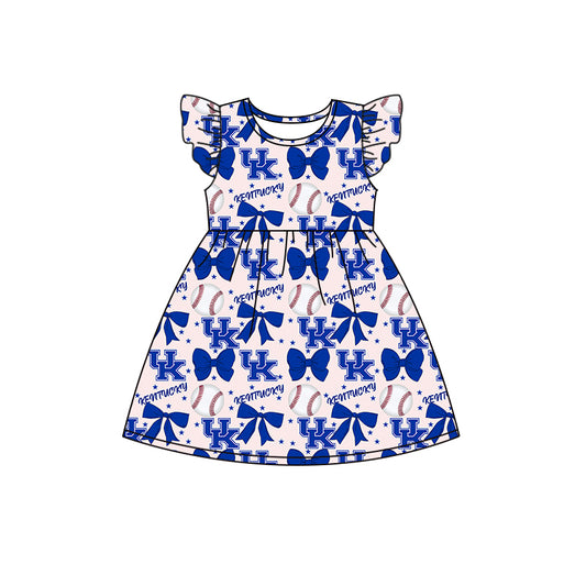 Preorder (moq 5)Baby Girls Flutter Sleeves Baseballs Bows UK Team Knee Length Dresses