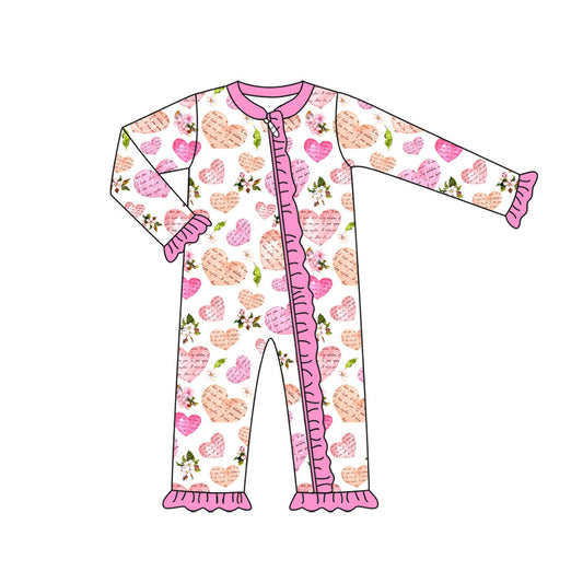 Preorder (moq 5) Baby Girl Clothes Vintage Valentine Heart Letter Floral Print Long Sleeve Zipper Ruffle Romper