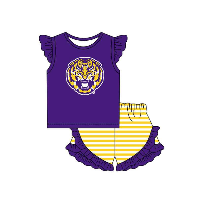 Preorder (moq 5)Baby Girls LSU Tiger Top Stripe Ruffle Shorts Team Clothes Set
