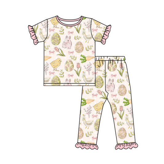 Preorder (moq 5) Baby Girls Chicks Rabbits Top Ruffle Pant Easter Pajamas Set