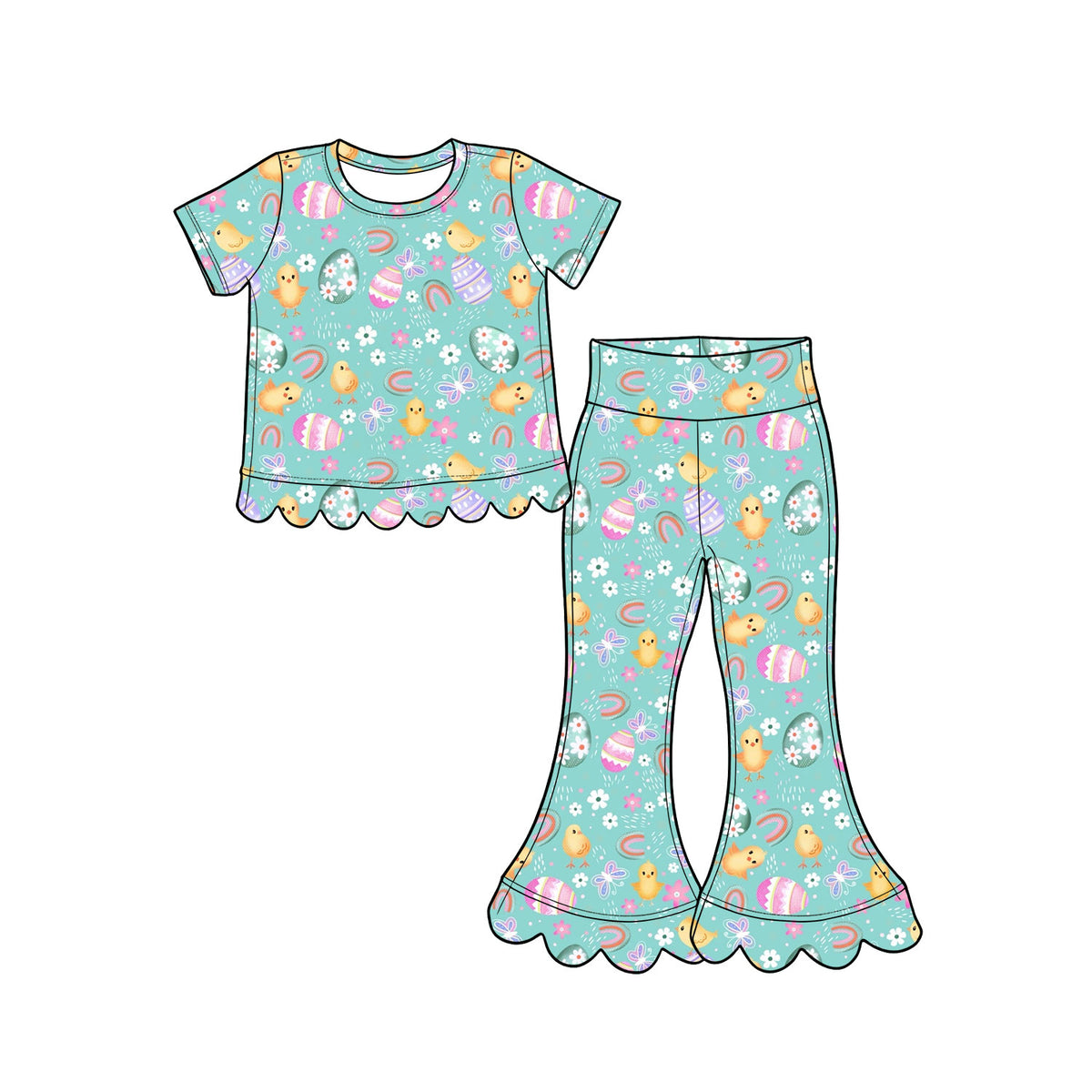 Pre-order(moq5) Girls’ Spring Easter Light Pink Rabbit & Carrot Print Ruffle Short Sleeve Top & Flare Pants Set