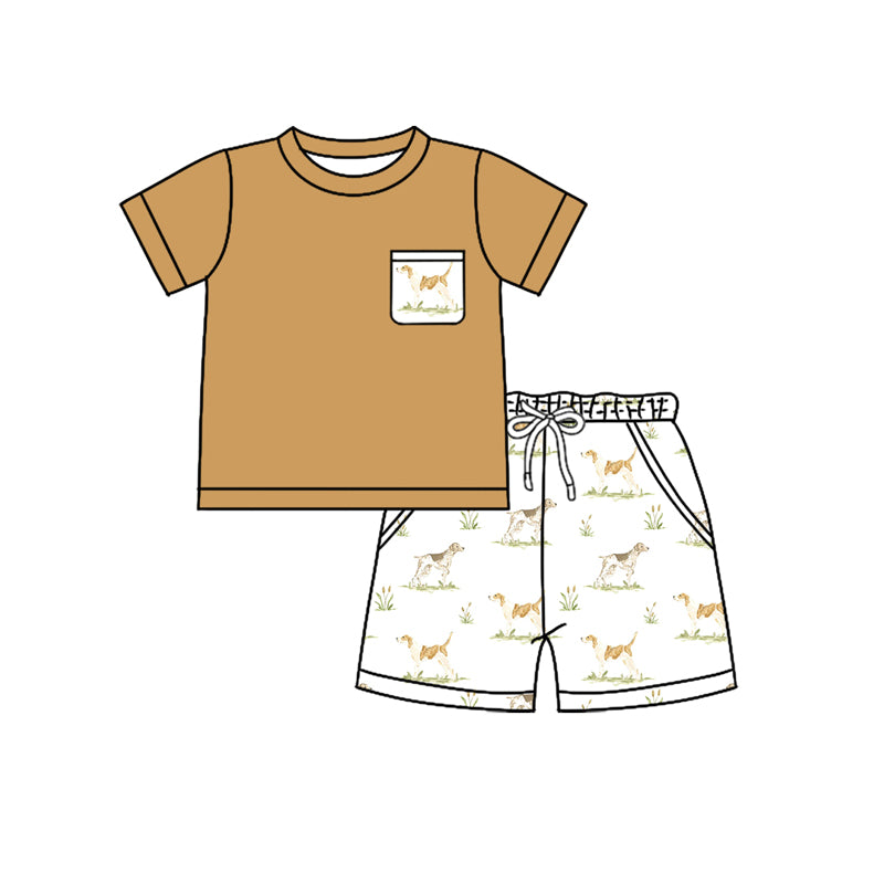 Preorder (moq 5)Baby Boys Khaki Short Sleeves Pocket Top Dogs Shorts Set