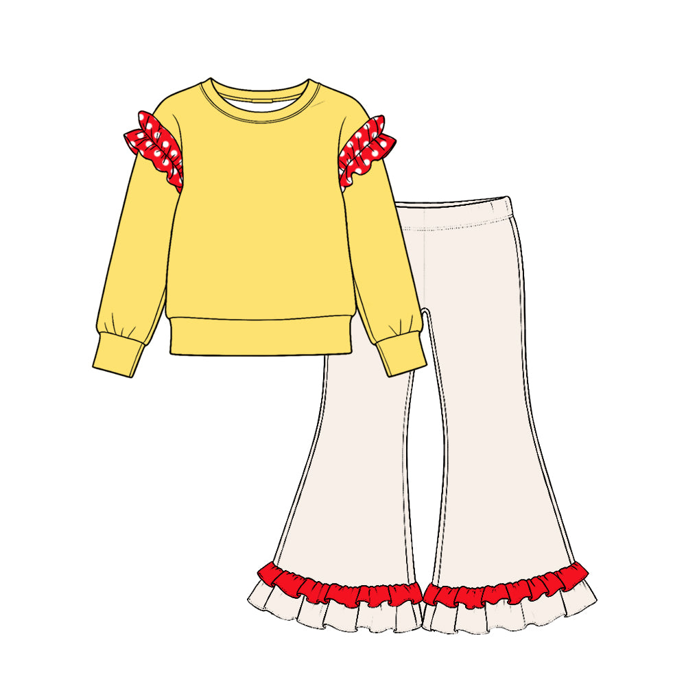 Preorder (moq 5) Baby Girl Clothes Polka Dot Ruffle Decor Solid Long Sleeve Ruffle Hem Flare Pant Set