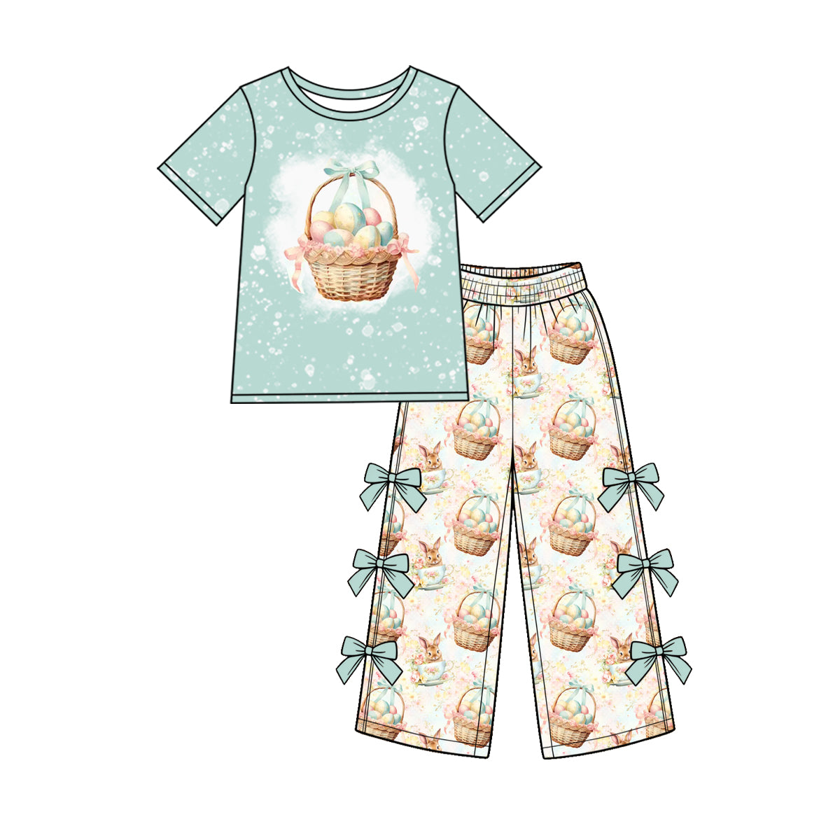 Preorder (moq 5) Baby Girl Clothes Easter Egg Bunny Basket Mixed Print Short Sleeve Side Bow Flare Pant Set